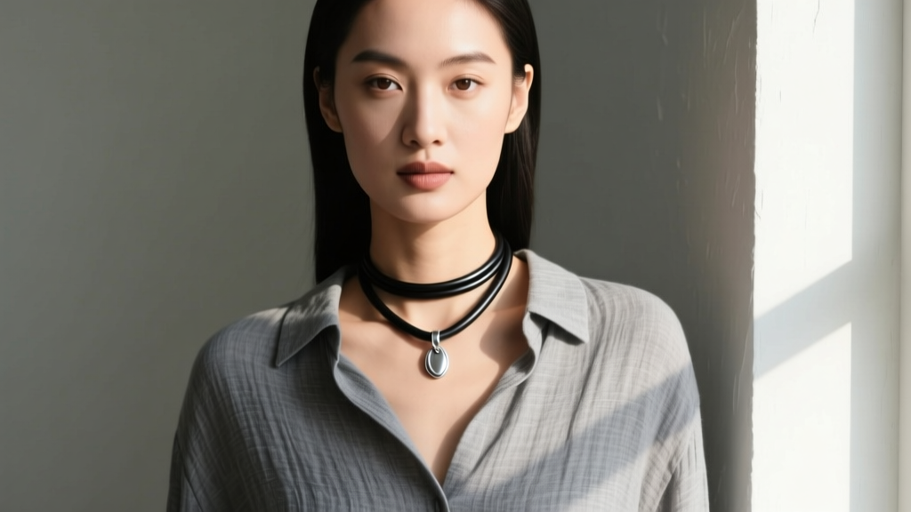 Model wearing a 2mm black leather rope necklace with a silver pendant against a soft grey linen shirt in warm natural window light