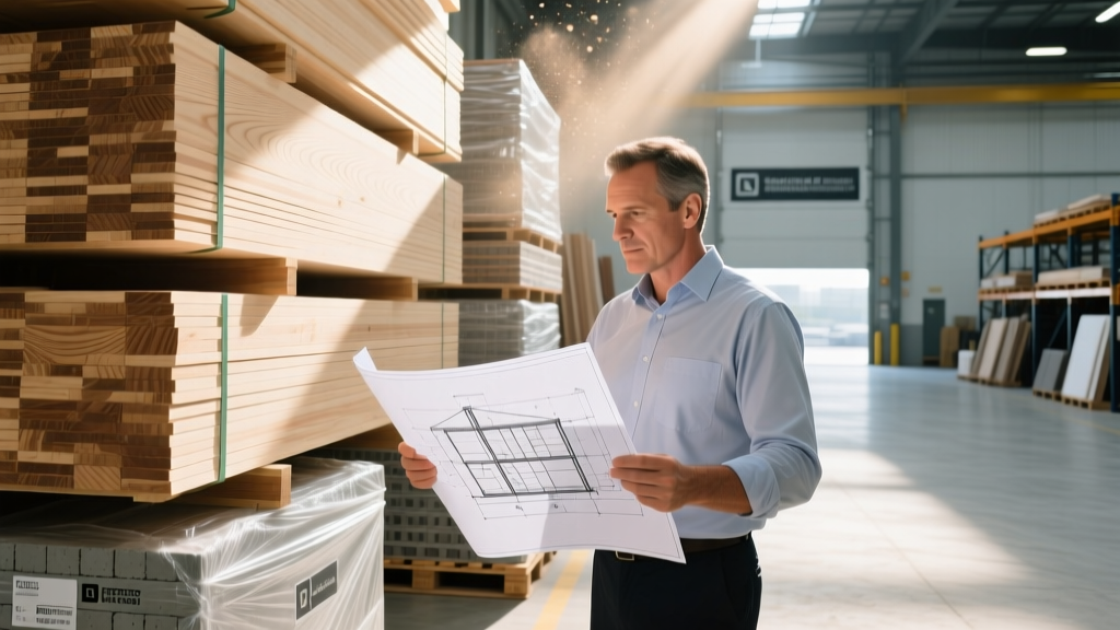 Commercial contractor reviewing structural blueprints beside stacked bundles of premium engineered lumber and masonry pallets at a specialized supply yard