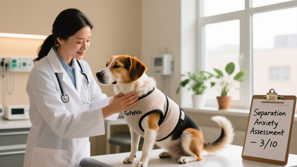 Veterinarian gently examining a dog wearing a FurPetVo anxiety wrap during a calm clinic visit