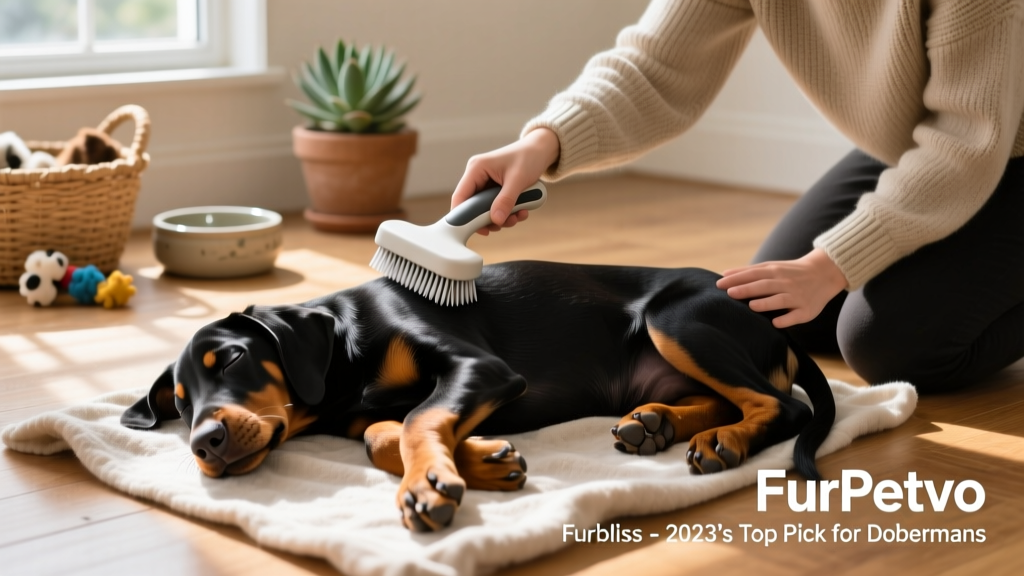 A Doberman puppy resting peacefully while a caregiver uses the FurPetVo Furbliss brush