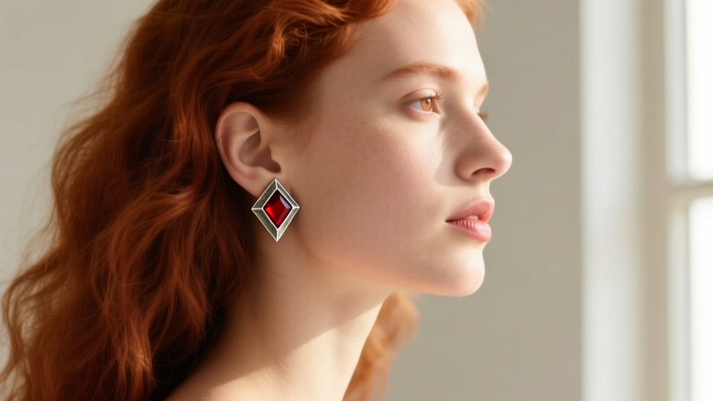 Side profile of a woman with auburn hair wearing geometric carnelian studs in oxidized silver, showcasing the rich color contrast