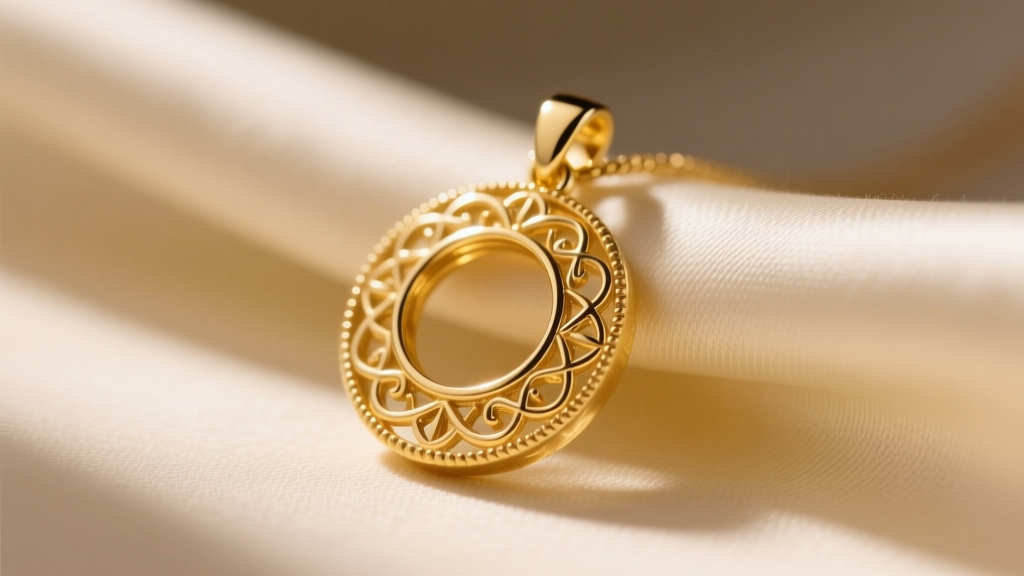 Close-up of a 14k yellow gold necklace circle pendant on cream silk fabric, illuminated by warm directional studio lighting