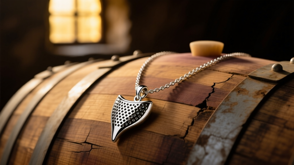 Close-up of a sterling silver sommelier necklace with a dimpled tastevin pendant resting on an oak wine barrel in a dim cellar