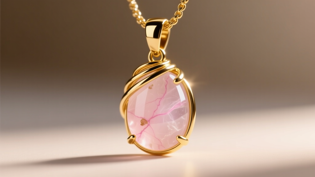 Macro shot of a gold-filled wrap bail on a rose quartz beaded necklace pendant under soft warm directional light