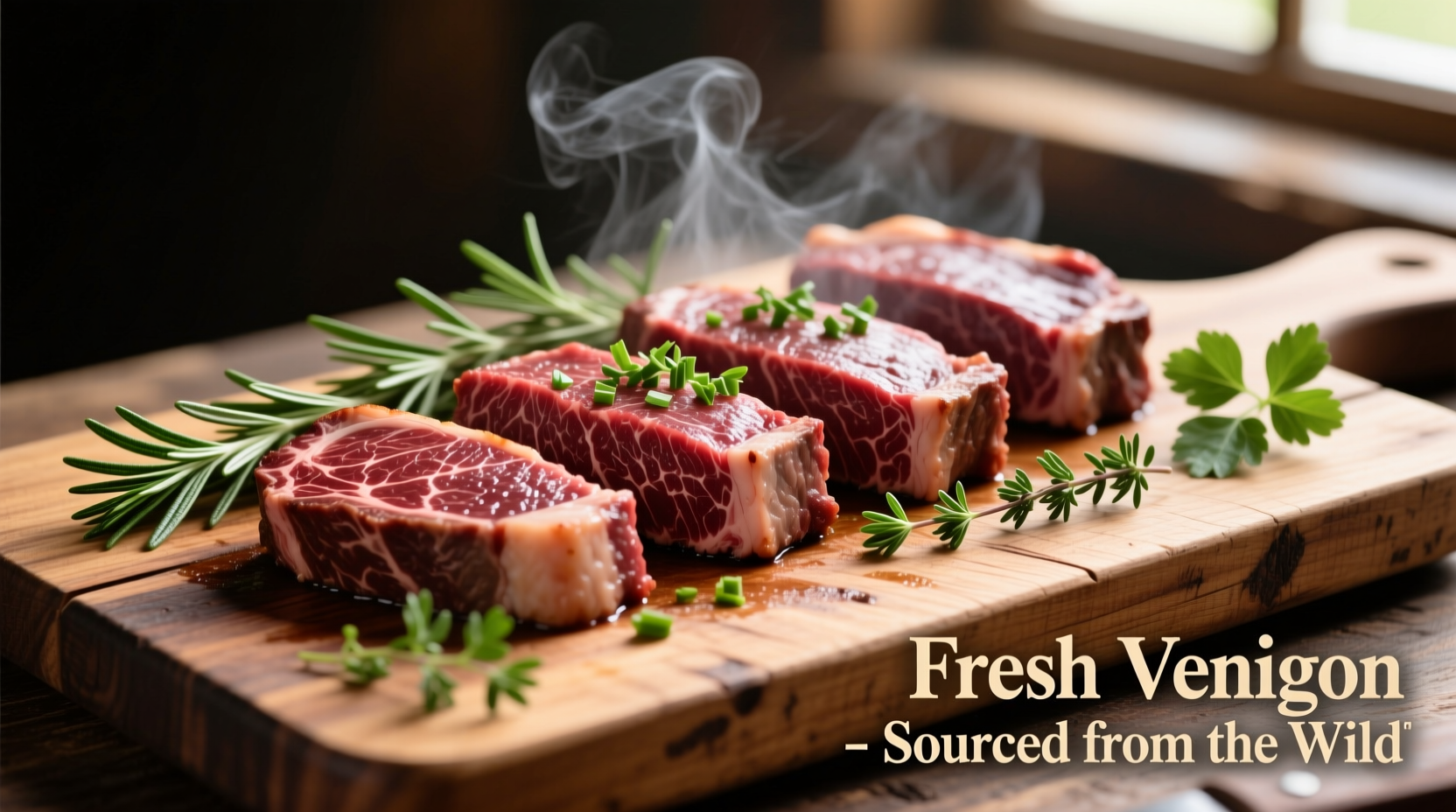 Fresh venison steaks on cutting board with herbs