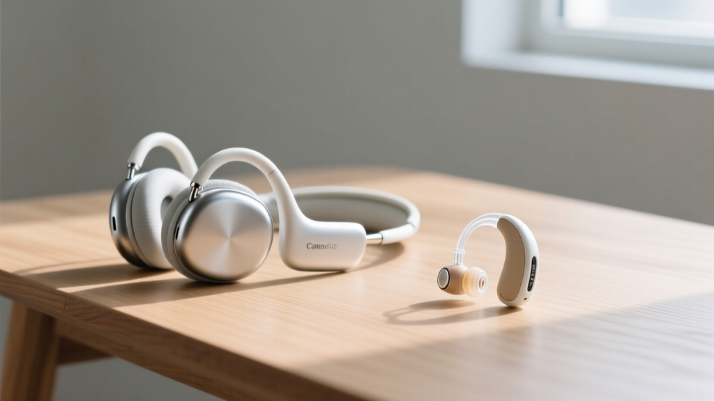 A sleek bone-conduction headphone resting on a wooden table next to a pair of traditional behind-the-ear hearing aids.