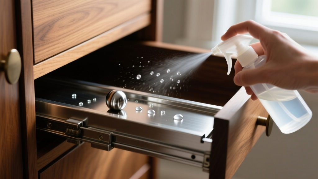 Close-up of a metal ball-bearing drawer slide on a wooden armoire, applying clear silicone lubricant spray to the steel track