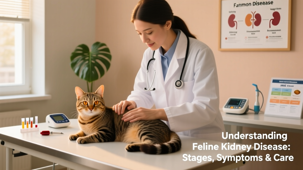 Veterinarian gently examining a calm cat during a routine wellness visit, with diagnostic tools visible nearby