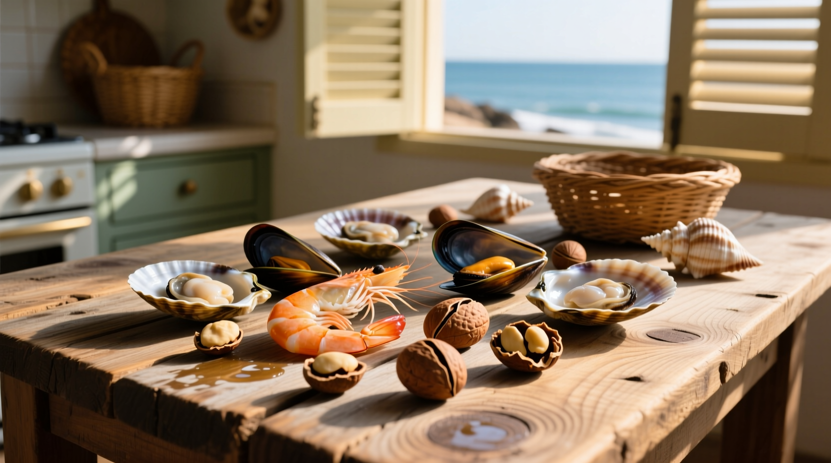 Brazil nuts and seafood on wooden table