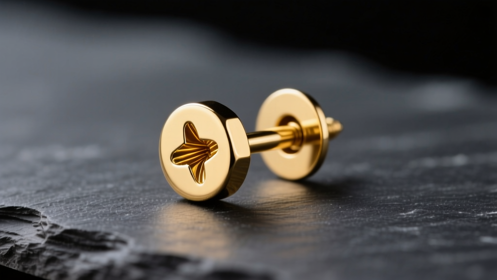 Close-up macro photography of an 18-karat gold internally threaded screw earring post and backing resting on a dark slate surface