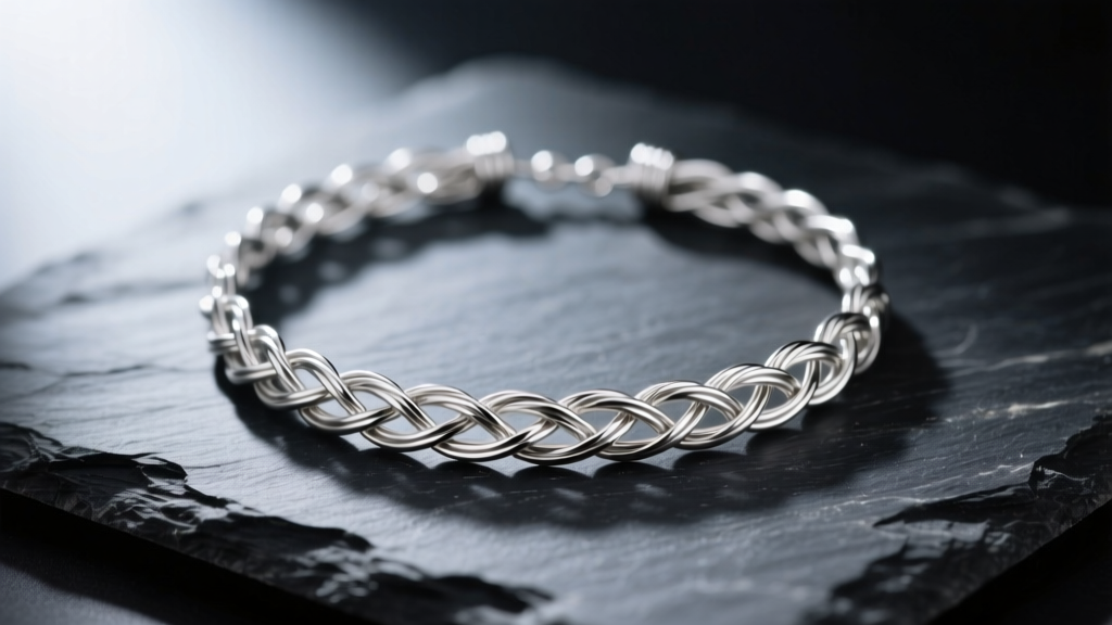 Macro shot of a 16-gauge 925 sterling silver wire choker necklace resting on dark slate with soft directional studio lighting setup