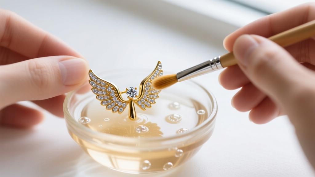Hands gently cleaning a micro-pave diamond angel wing gold earring with a soft brush in a small glass bowl of warm, soapy water.