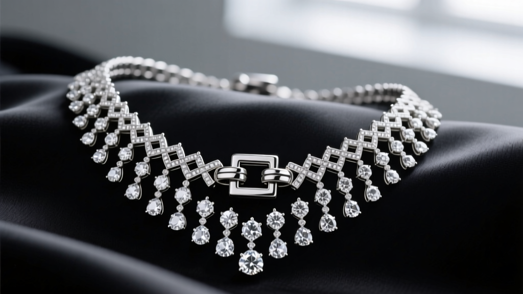 Close-up of a diamond cascade necklace on black silk, showing the intricate platinum setting and a secure double-barrel box clasp.