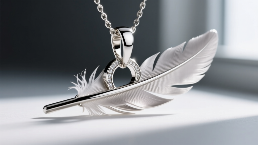 Close-up of a hidden bail on a silver feather pendant, showing the seamless solder joint and polished interior loop mechanism.