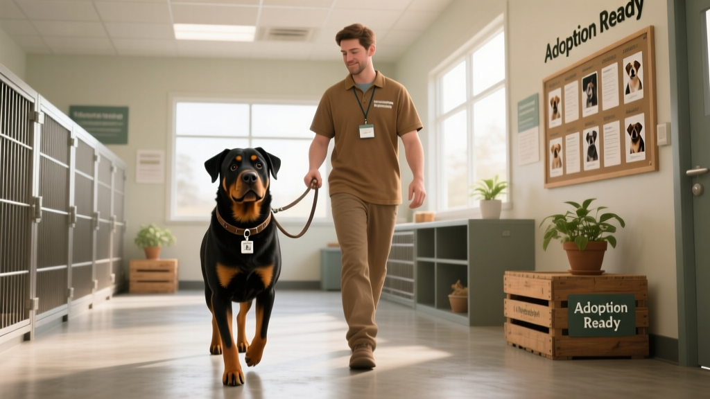 Volunteer at a clean, well-organized rescue facility gently walking a Rottweiler on a leash