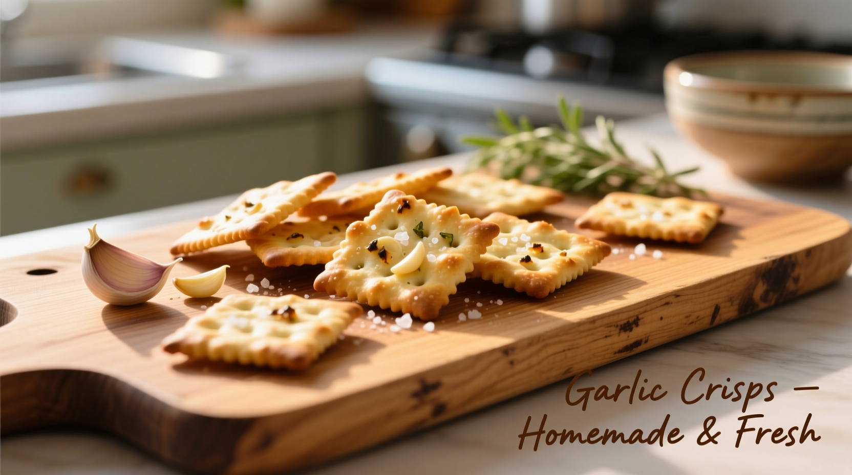 Homemade garlic crackers arranged on wooden board