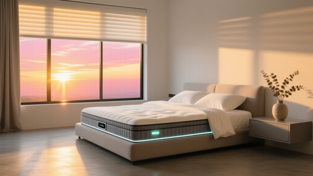 A modern bedroom featuring a smart cooling mattress pad and automated blackout blinds adjusting to the bright summer sunrise.
