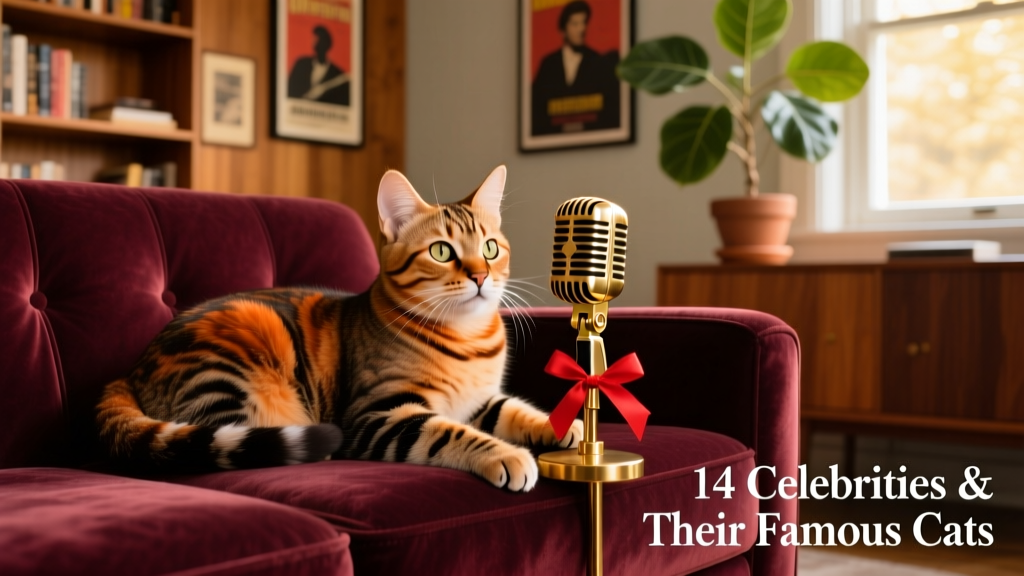 A playful tabby cat lounging on a velvet sofa beside a vintage microphone