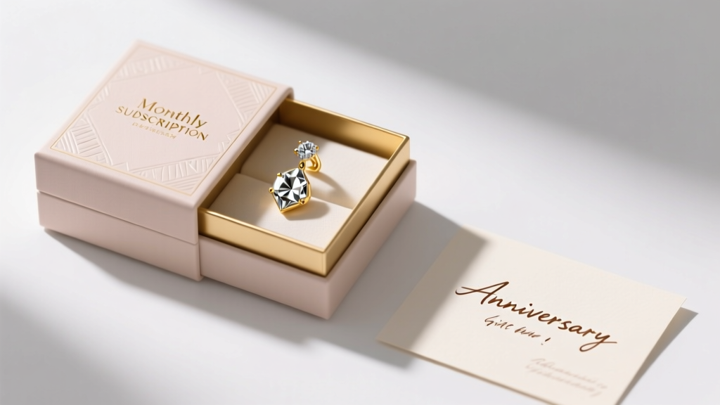 Flat lay of a premium monthly box containing 14k solid gold diamond-cut drop earrings beside a handwritten anniversary gift note.