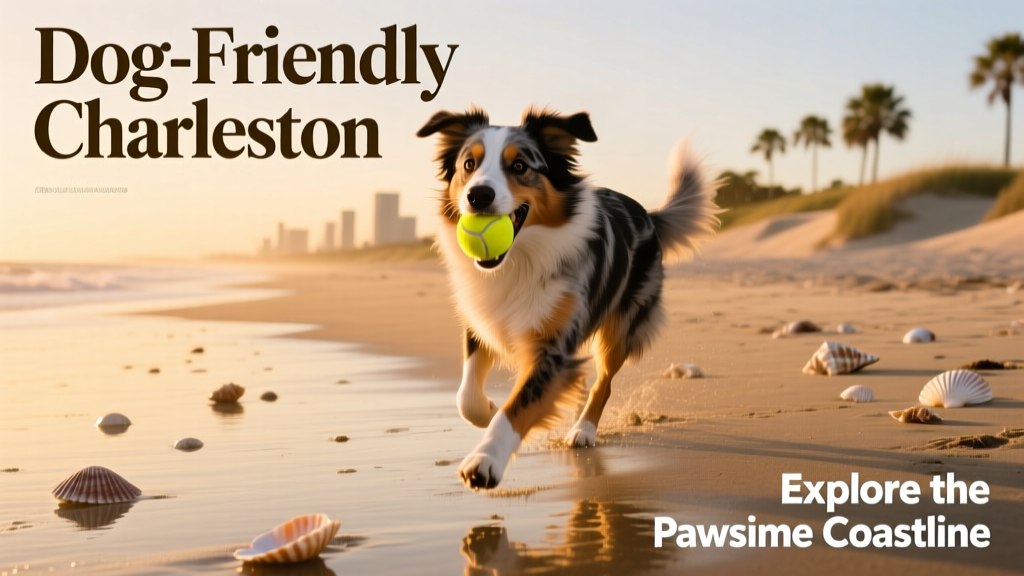 An Australian Shepherd running along a dog-friendly beach in Charleston, with a yellow ball in its mouth