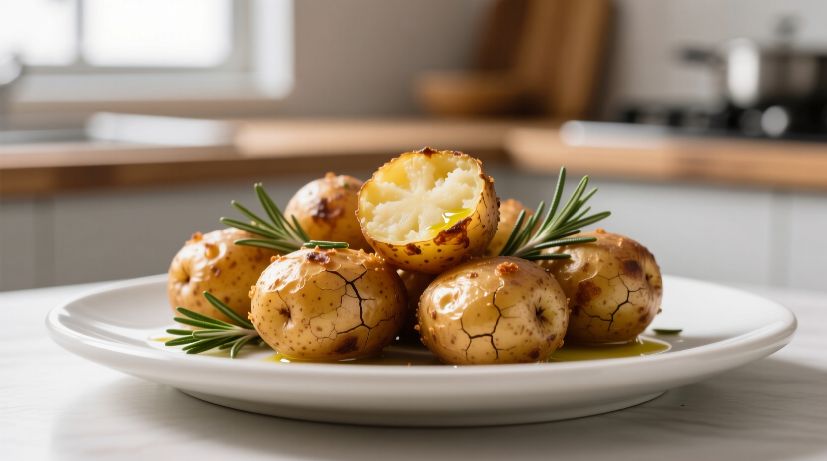 Weekend brunch timing: golden mini potatoes with rosemary showing crisp skin texture vs soggy center when overcrowded