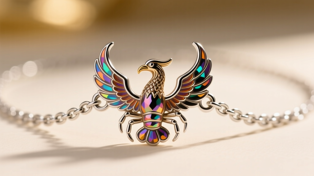 Macro shot of a fantasy phoenix necklace clasp, showing a lobster claw on a 3mm sterling silver Figaro chain link detail.