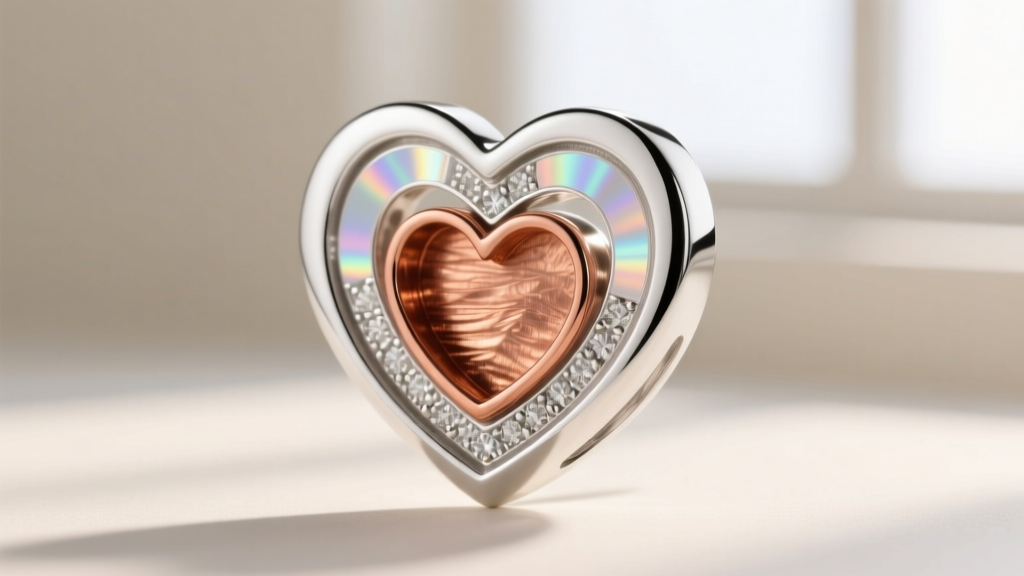 Diagram of a silver heart earring cross-section showing the copper core, 925 silver layer, and a thin clear anti-tarnish e-coat.