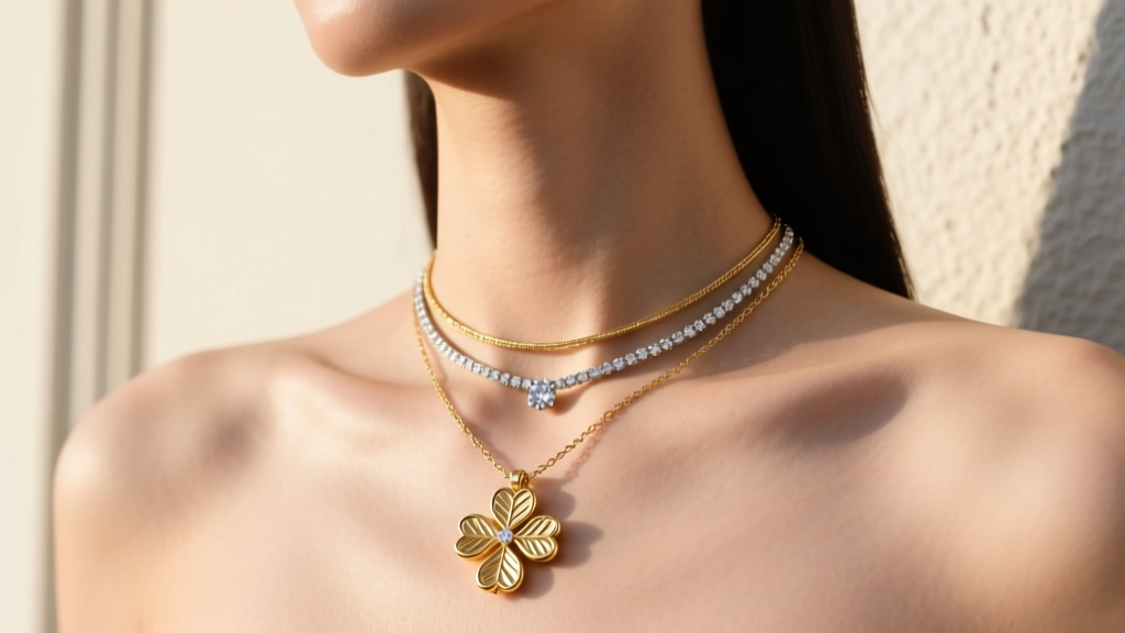 A woman wearing a layered necklace stack featuring a 16-inch gold clover pendant and an 18-inch diamond solitaire, collarbone up