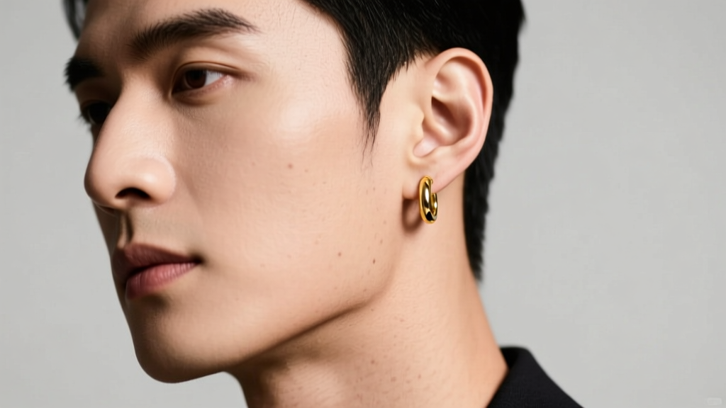 Close-up of a stylish man wearing a single 14k gold sleeper hoop in his left ear, soft studio lighting highlighting the metal.