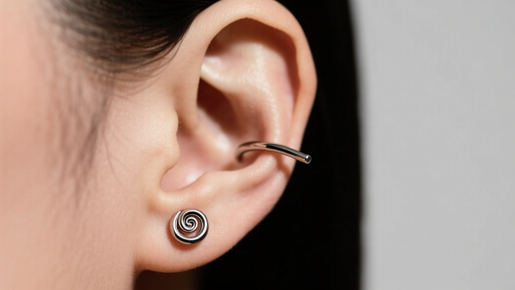 Side profile of a cartilage helix piercing adorned with a lightweight 16-gauge niobium clicker hoop under soft studio lighting.