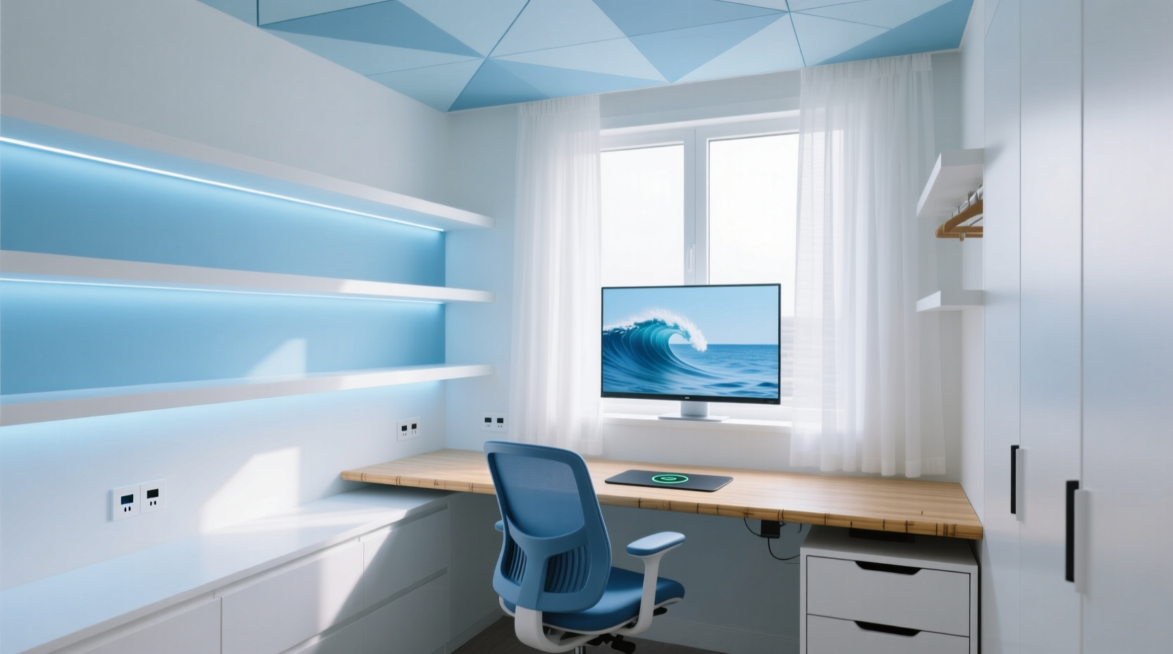 white and blue an office in a closet makeover