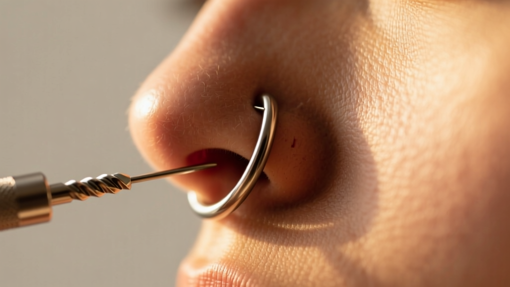 Macro shot of a steel taper guiding a 20-gauge titanium corkscrew nose ring into a healed nostril piercing under warm light.