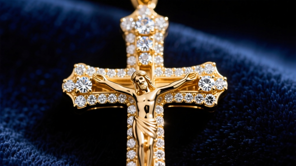 Macro shot of a diamond Jesus piece pendant, showing the pave setting and warm 18k gold backing against a dark velvet background.