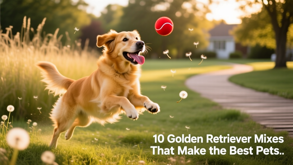 A joyful Golden Retriever mix playing fetch in a sunlit park