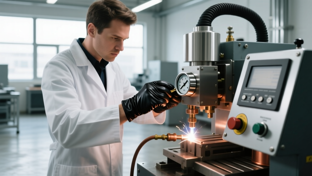 Jeweler wearing dark leather gloves adjusting the argon gas flow meter dial on a professional pulse arc welding machine setup