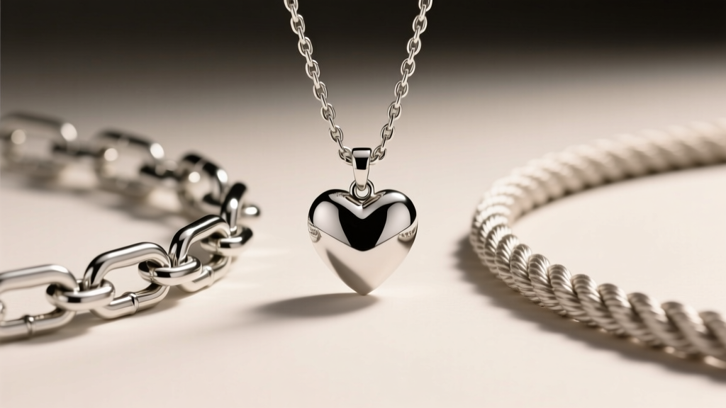 Macro shot of a stiff box chain and flexible rope chain next to a small solid silver heart pendant under soft studio lighting.