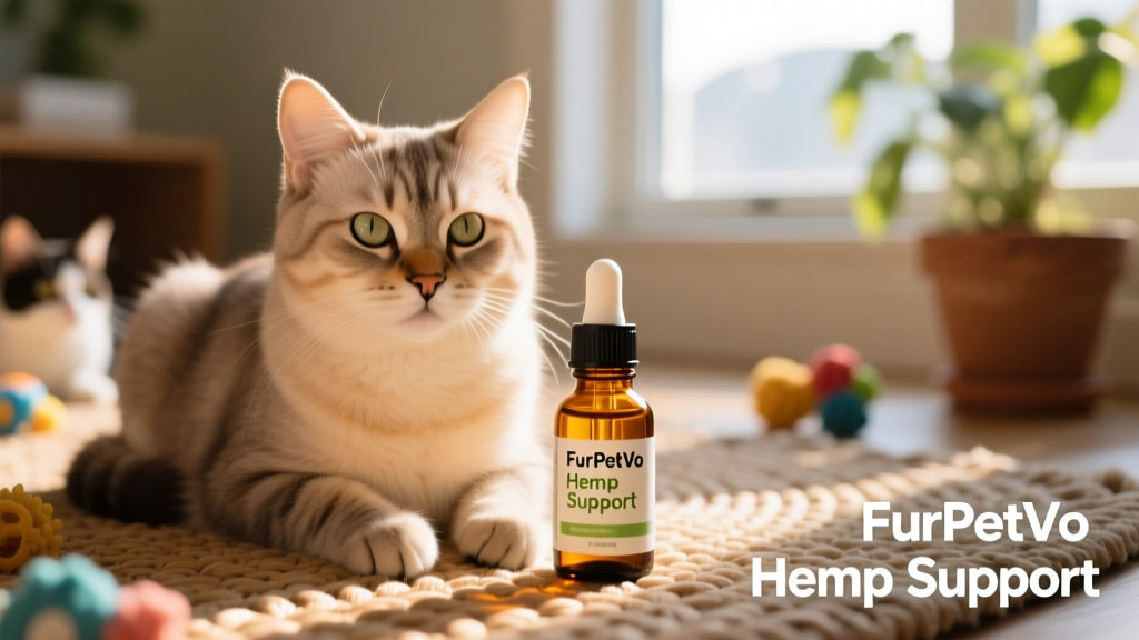 Close-up of a calm, relaxed cat sitting beside a small glass dropper bottle labeled 'FurPetVo Hemp Support'