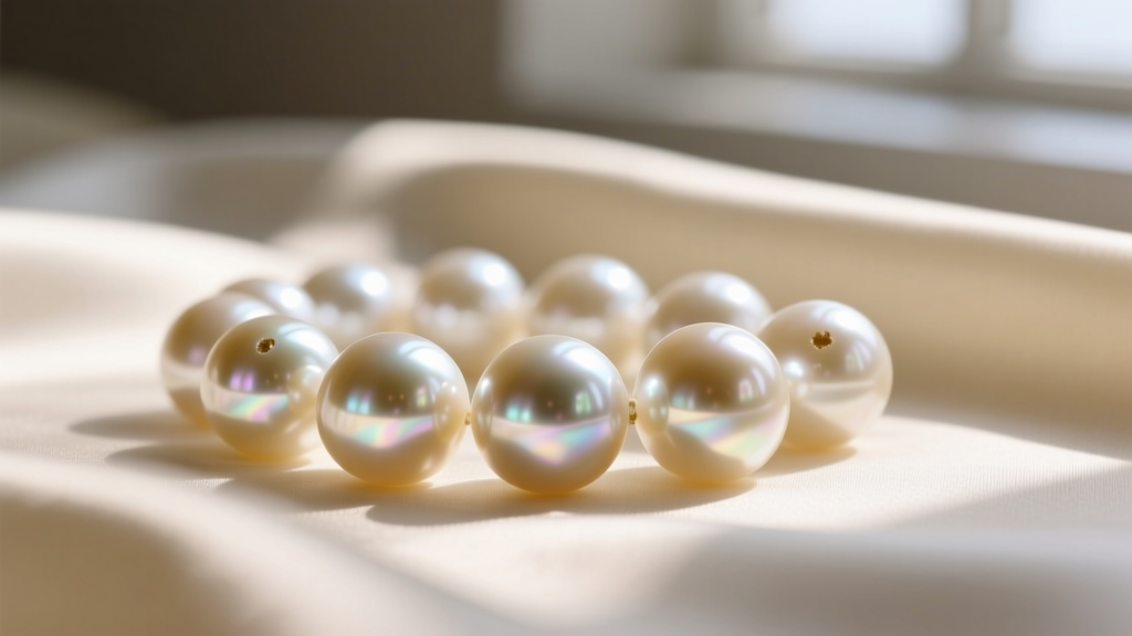 Lavender Edison freshwater pearls on cream silk showing intense surface shine and minor blemishes under soft, warm daylight.