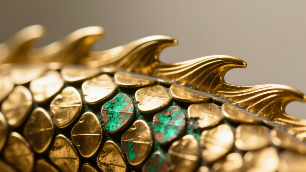Macro photography of intricate gold dragon scales showing green copper oxidation in the deep crevices under bright light.