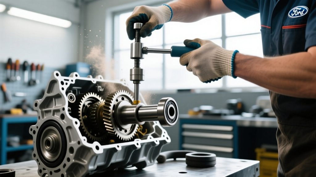 Mechanic using a specialized bearing puller to remove the input shaft of a Ford Focus MTX-75 manual transmission