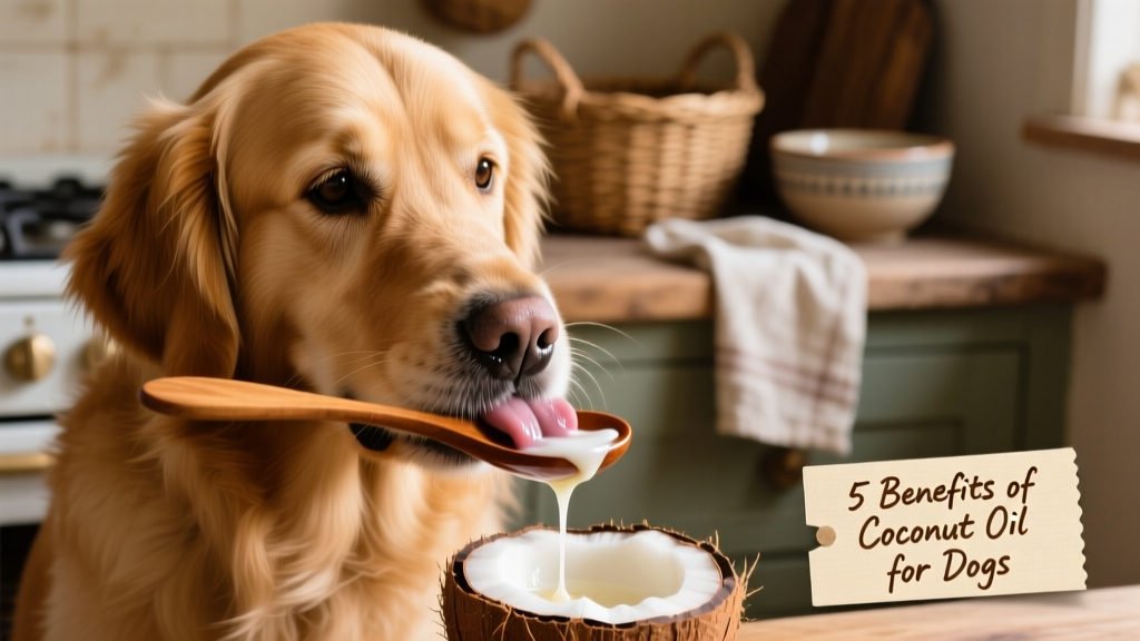 A golden retriever gently licking coconut oil from a spoon