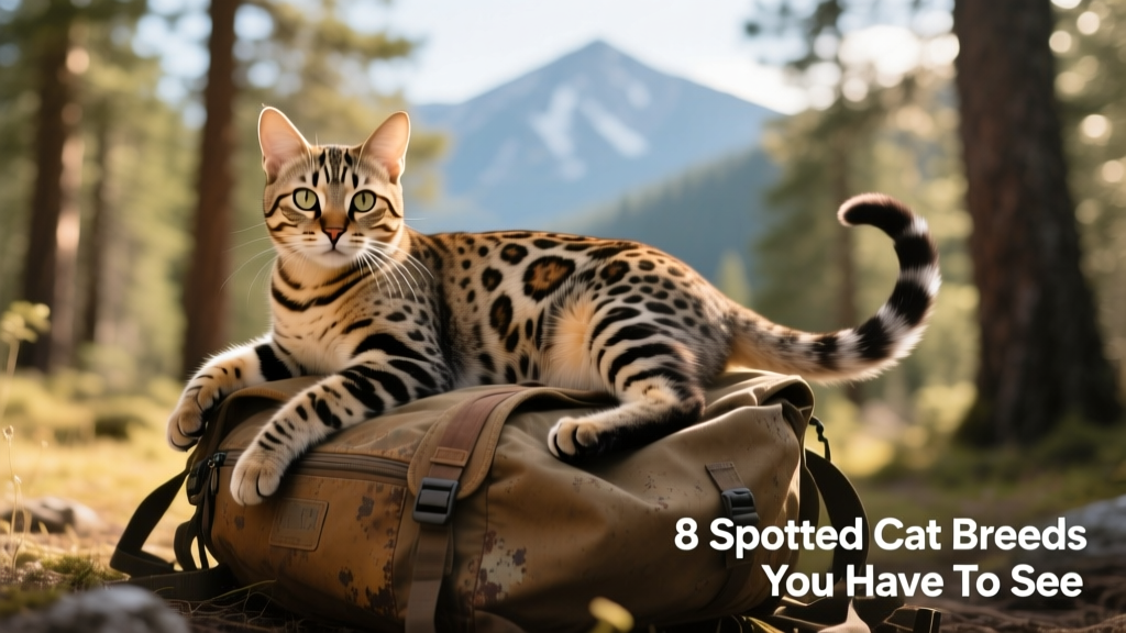 A California Spangled cat lounging on a hiking backpack, showing off its muscular build, spotted-and-striped coat, and curious gaze