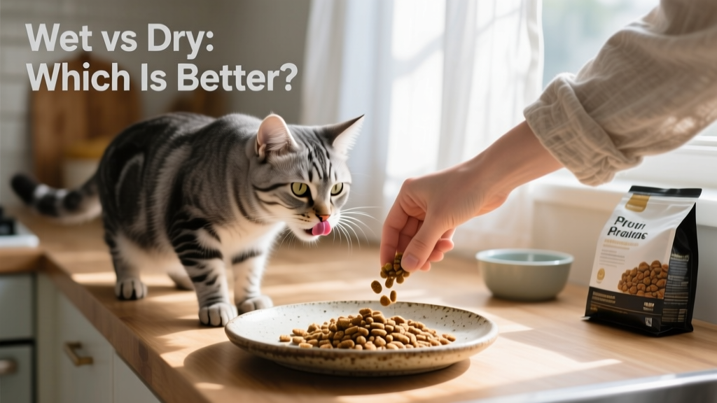 a gray cat licking its mouth as a person pours dry cat food onto a plate