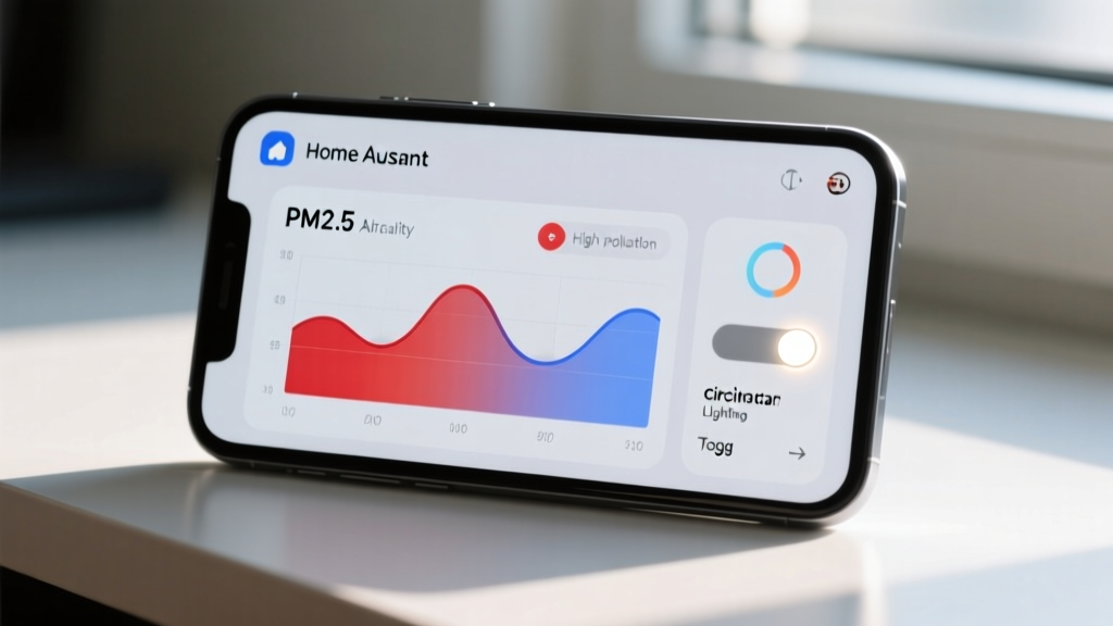 Close-up of a smartphone screen displaying a Home Assistant dashboard with PM2.5 air quality graphs and circadian lighting automation toggles