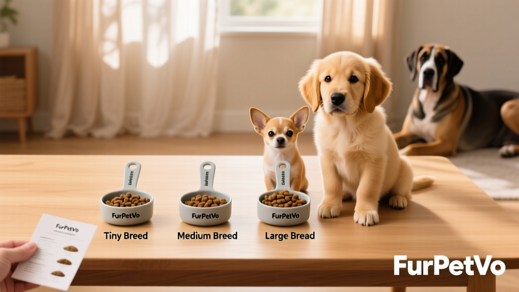 Side-by-side comparison of portion sizes for different puppy sizes using FurPetVo branded measuring scoops