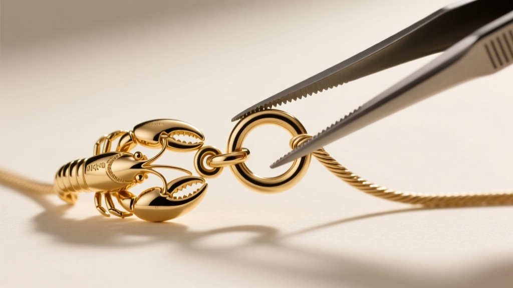 Extreme close-up of a 14k gold lobster clasp and 20-gauge jump ring on a 0.9mm cable chain held by fine jeweler tweezers