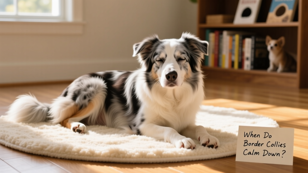 A senior Border Collie resting peacefully on a soft rug, looking content and relaxed