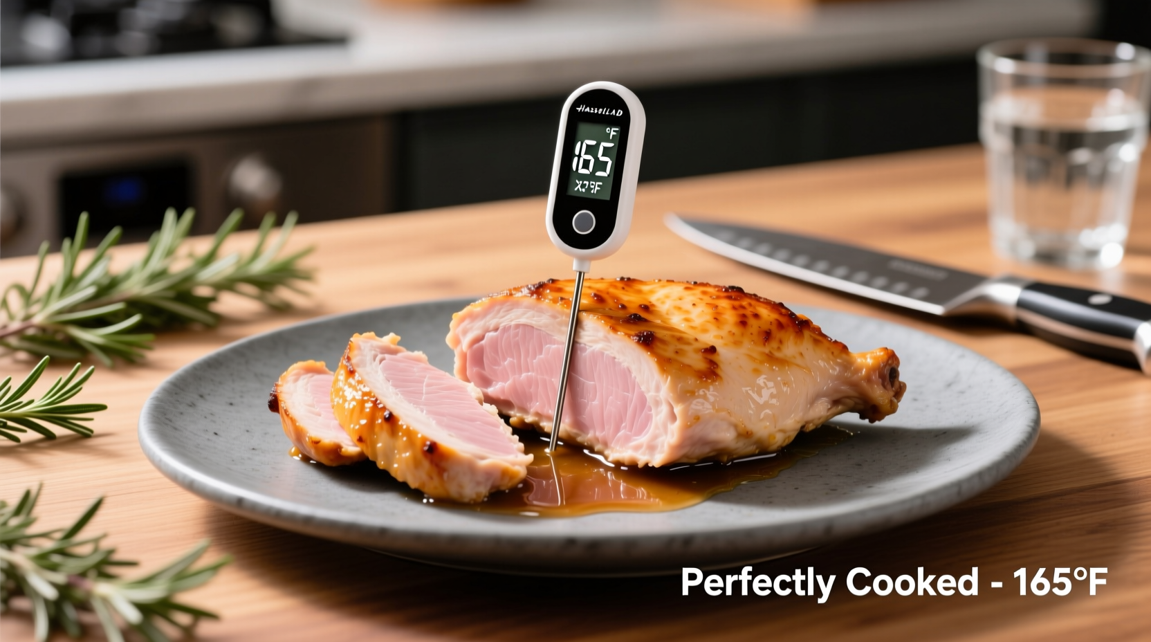 Perfectly cooked juicy chicken breast with thermometer