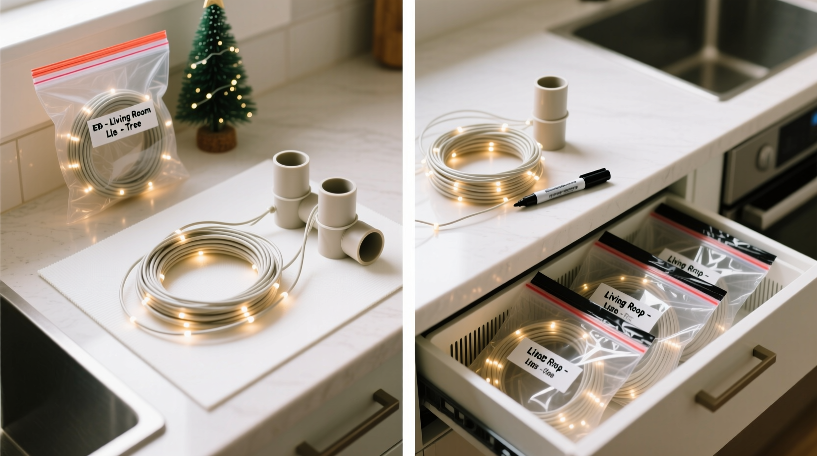 how to organize tangled light strands using pvc pipe spools and labeled ziplock bags