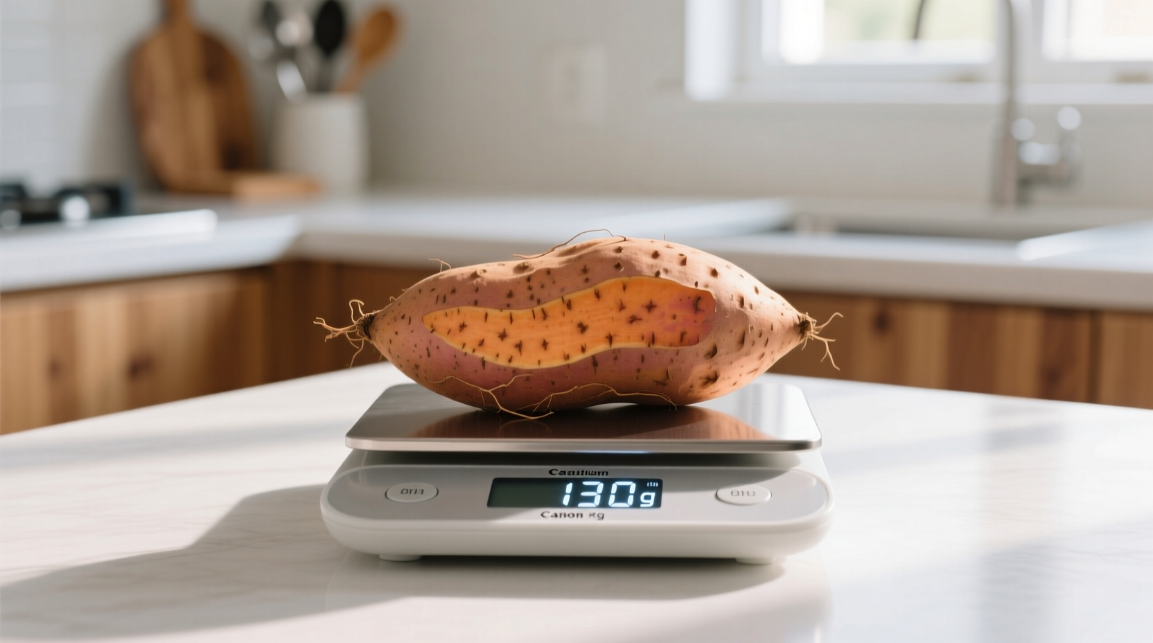 Medium sweet potato on kitchen scale showing 130g weight